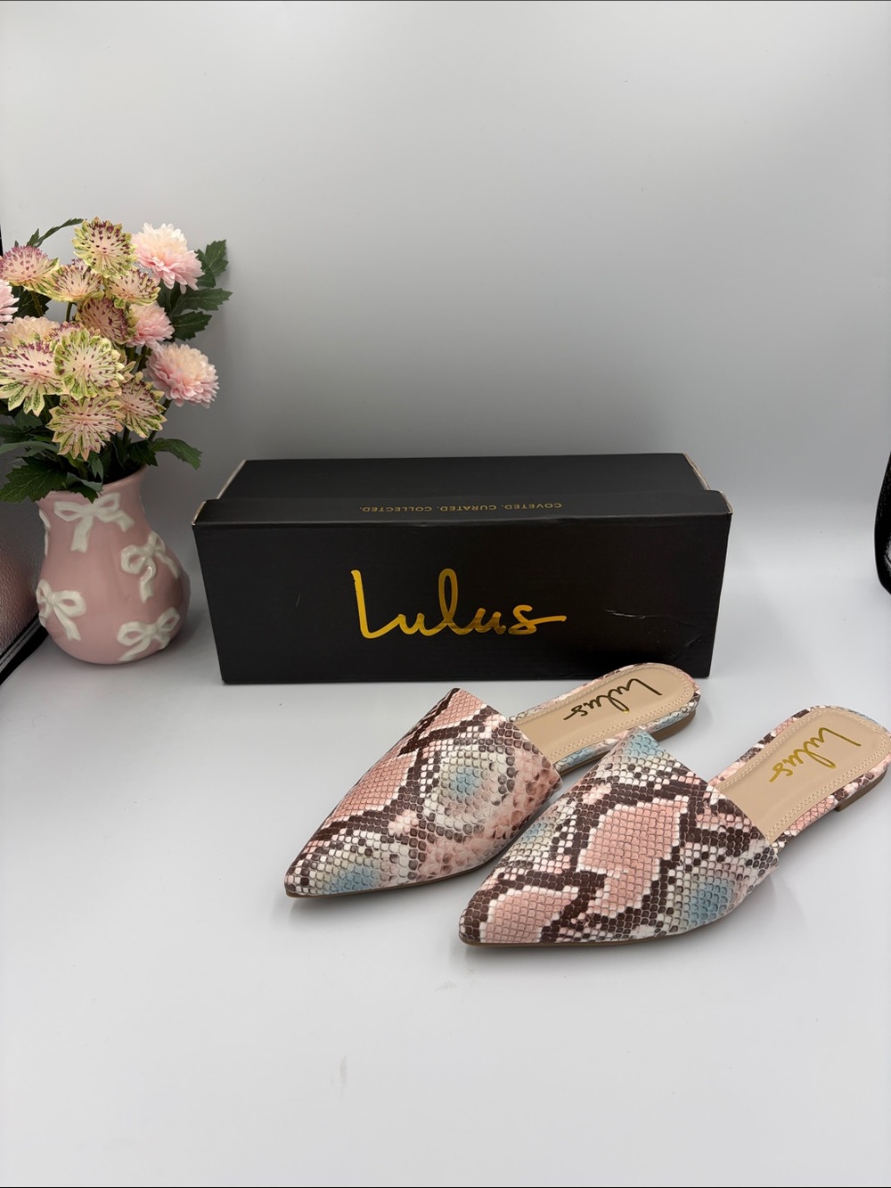 Lulu's Pink Snake-Print Pointed Mules with Blue & Brown Accents